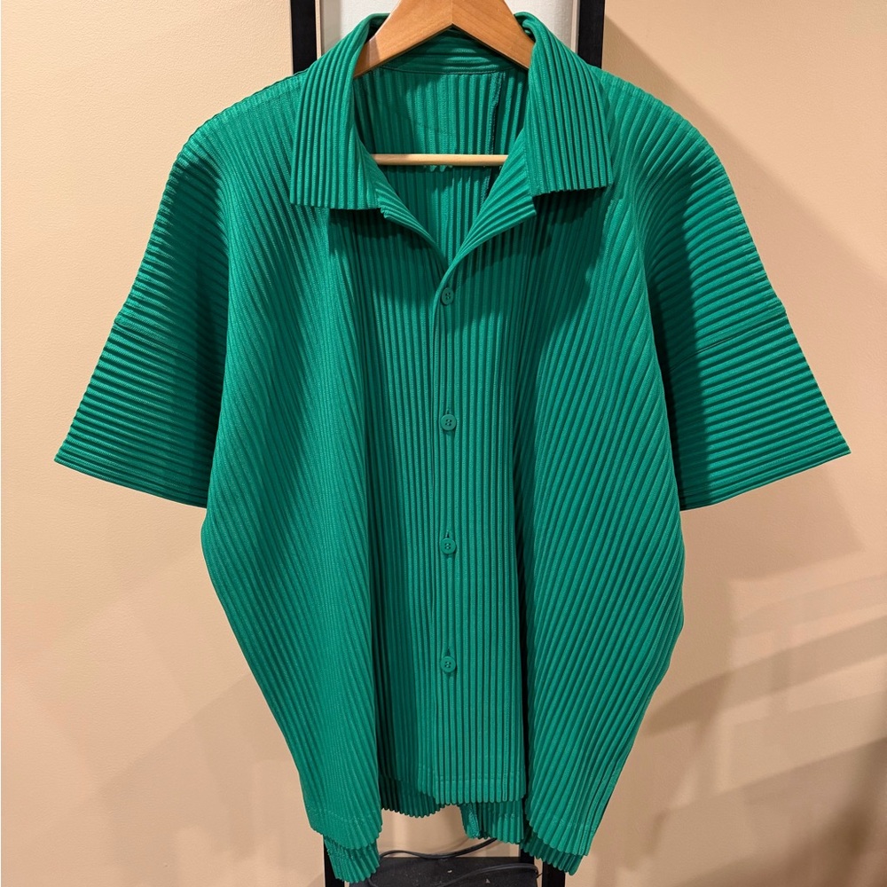 Homme Plisse Issey Miyake July Green Pleated Button Up Shirt